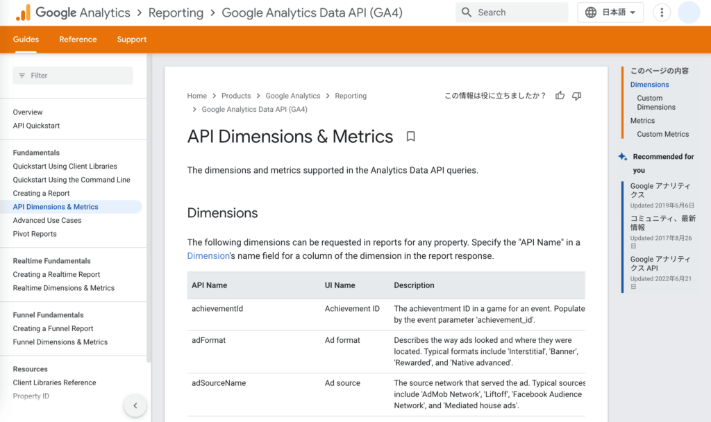 API Dimensions & Metrics